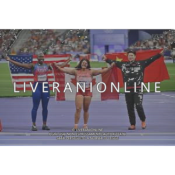 Olimpiadi Parigi 2024 - Atletica nella foto il podio, da SX Annette Nneka Echikunwoke medaglia d\'argento, Carmyn Rogers (CAN) medaglia d\'oro e Jie Zhao (CHN) medaglia di bronzo Parigi (FRA) 06-08-2024 Stade de France Atletica Leggera Lancio del martello femminile foto Roberto Garavaglia/Agenzia Aldo Liverani sas