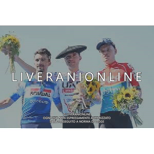 10-08-2024 Clasica San Sebastian; 2024, Uae Team Emirates; 2024, Soudal - Quick Step; 2024, Lotto - Dstny; Hirschi, Marc; Alaphilippe, Julian; Van Eetvelt, Lennert; San Sebastian; ©SIROTTI/AGENZIA ALDO LIVERANI SAS