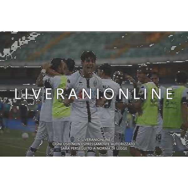 Esultanza - Cristian Shpendi of Cesena FC celebrates after scoring during Hellas Verona FC vs Cesena FC, round of 32° Coppa Italia Frecciarossa 2024-25, at MarcAntonio Bentegodi stadium in Verona (VR), Italy, on August 10, 2024. (Photo by Davide Casentini)/AGENZIA ALDO LIVERANI SAS