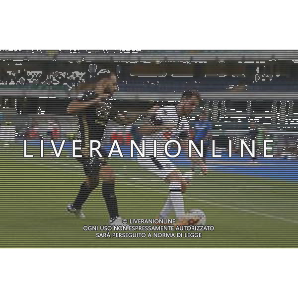Simone Bastoni of Cesena FC competes for the ball with Tomas Suslov of Hellas Verona FC during Hellas Verona FC vs Cesena FC, round of 32° Coppa Italia Frecciarossa 2024-25, at MarcAntonio Bentegodi stadium in Verona (VR), Italy, on August 10, 2024. (Photo by Davide Casentini)/AGENZIA ALDO LIVERANI SAS