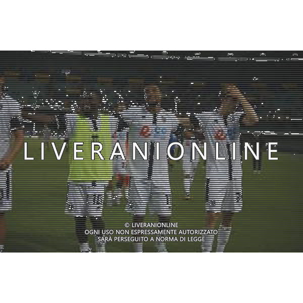 Cesenna players celebrate the victory at the end of Hellas Verona FC vs Cesena FC, round of 32° Coppa Italia Frecciarossa 2024-25, at MarcAntonio Bentegodi stadium in Verona (VR), Italy, on August 10, 2024. (Photo by Davide Casentini)/AGENZIA ALDO LIVERANI SAS
