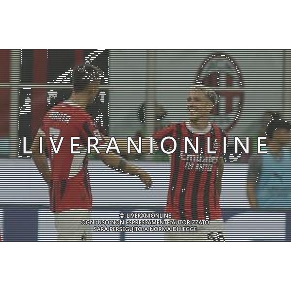 Alexis Saelemaekers of AC Milan celebrates with Alvaro Morata of AC Milan during AC Milan vs AC Monza , 2° edition of "Trofeo Berlusconi", frendly match pre-season, at Giuseppe Meazza - San Siro stadium of Milano (MI), Italy, on August 13, 2024. (Photo by Davide Casentini)/ AGENZIA ALDO LIVERANI SAS