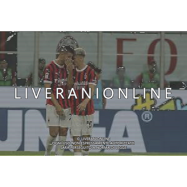 Alexis Saelemaekers of AC Milan celebrates with Alvaro Morata of AC Milan during AC Milan vs AC Monza , 2° edition of "Trofeo Berlusconi", frendly match pre-season, at Giuseppe Meazza - San Siro stadium of Milano (MI), Italy, on August 13, 2024. (Photo by Davide Casentini)/ AGENZIA ALDO LIVERANI SAS