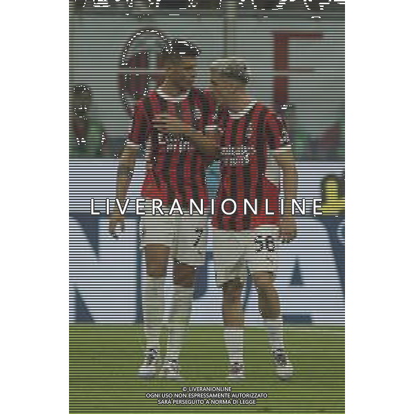 Alexis Saelemaekers of AC Milan celebrates with Alvaro Morata of AC Milan during AC Milan vs AC Monza , 2° edition of "Trofeo Berlusconi", frendly match pre-season, at Giuseppe Meazza - San Siro stadium of Milano (MI), Italy, on August 13, 2024. (Photo by Davide Casentini)/ AGENZIA ALDO LIVERANI SAS