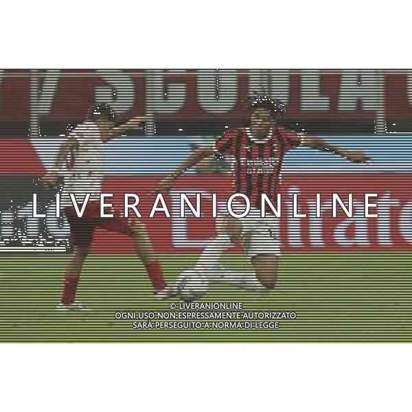 Samuele Vignato of AC Monza competes for the ball with Kevin Zeroli of AC Milan during AC Milan vs AC Monza , 2° edition of "Trofeo Berlusconi", frendly match pre-season, at Giuseppe Meazza - San Siro stadium of Milano (MI), Italy, on August 13, 2024. (Photo by Davide Casentini)/ AGENZIA ALDO LIVERANI SAS
