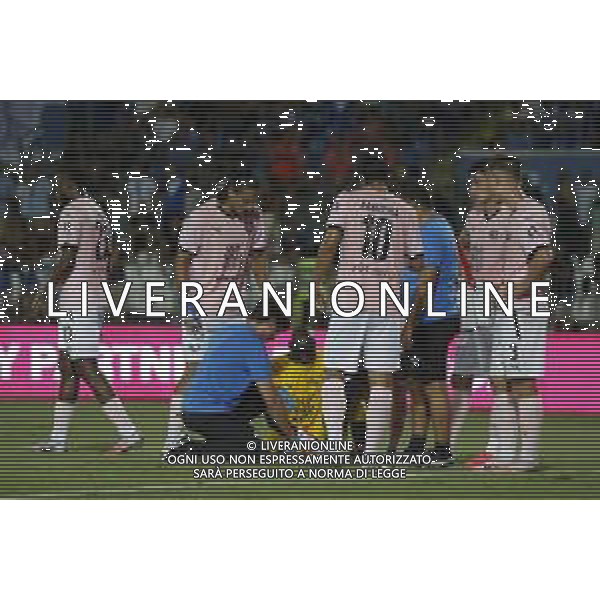 Alfred Gomis of Palermo FC have an incident during Brescia Calcio FC vs Palermo FC, 1° Serie BKT 2024-25 game at Mario Rigamonti stadium in Brescia, Italy, on August 16, 2024. (Photo by Davide Casentini)/AGENZIA ALDO LIVERANI SAS