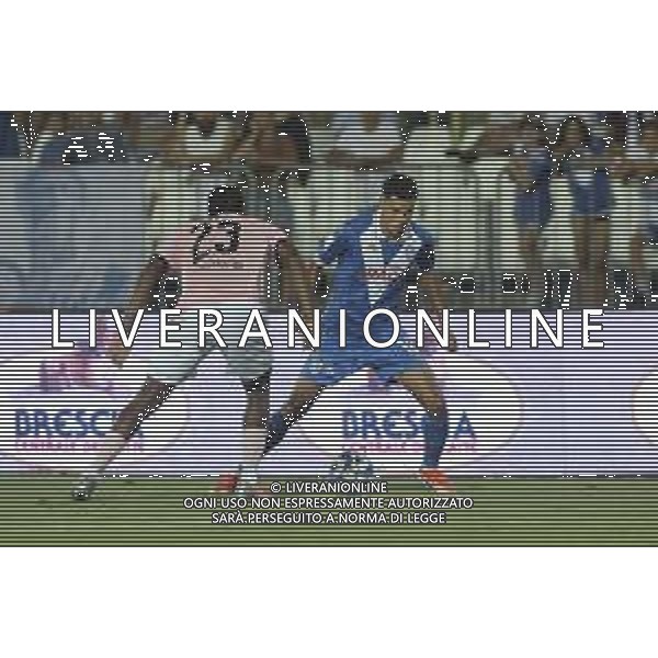 Alexander Jallow of Brescia Calcio FC competes for the ball with Salim Diakite of Palermo FC during Brescia Calcio FC vs Palermo FC, 1° Serie BKT 2024-25 game at Mario Rigamonti stadium in Brescia, Italy, on August 16, 2024. (Photo by Davide Casentini)