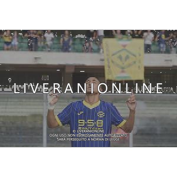 Dailon Livramento of Hellas Verona FC FC celebrates after scoring during Hellas Verona FC vs SSC Napoli, 1° Serie A EniLive 2024-25 game at Marcantonio Bentegodi Stadium in Verona (VR), Italy, on August 18, 2024. (Photo by Davide Casentini)/AGENZIA ALDO LIVERANI SAS