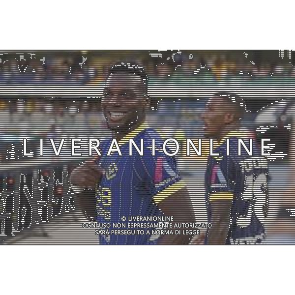 Daniel Mosquera of Hellas Verona FC celebrates after scoring during Hellas Verona FC vs SSC Napoli, 1° Serie A EniLive 2024-25 game at Marcantonio Bentegodi Stadium in Verona (VR), Italy, on August 18, 2024. (Photo by Davide Casentini)/AGENZIA ALDO LIVERANI SAS