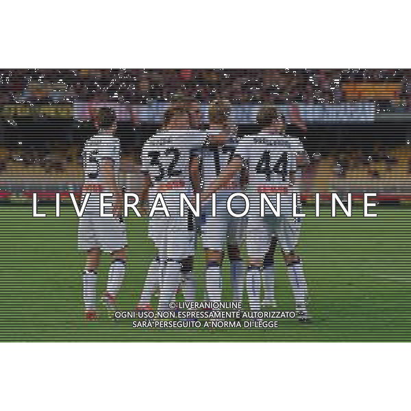 TVEM August 19, 2024 Lecce, Italy - US Lecce vs Atalanta - Italian soccer serie A 2024/25 - Via Del Mare Stadium. In the pic by Emmanuele Mastrodonato/agenzia Aldo Liverani sas: Mateo Retegui of Atalanta celebrates after scoring a goal with teammates ©TVEM/AGENZIA ALDO LIVERANI SAS