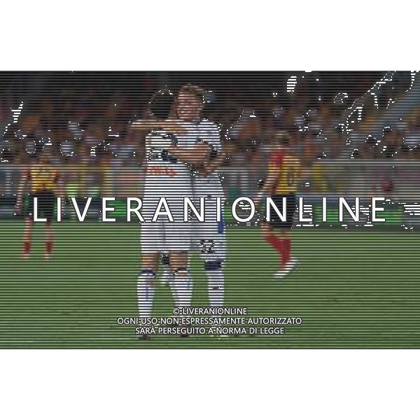 TVEM August 19, 2024 Lecce, Italy - US Lecce vs Atalanta - Italian soccer serie A 2024/25 - Via Del Mare Stadium. In the pic by Emmanuele Mastrodonato/agenzia Aldo Liverani sas: Mateo Retegui of Atalanta celebrates after scoring a goal with Matteo Ruggeri of Atalanta ©TVEM/AGENZIA ALDO LIVERANI SAS