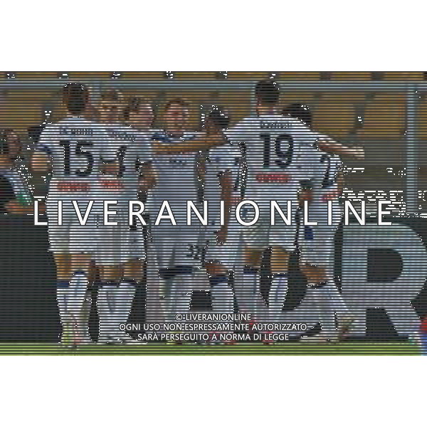 TVEM August 19, 2024 Lecce, Italy - US Lecce vs Atalanta - Italian soccer serie A 2024/25 - Via Del Mare Stadium. In the pic by Emmanuele Mastrodonato/agenzia Aldo Liverani sas: Mateo Retegui of Atalanta celebrates after scoring a goal with teammates ©TVEM/AGENZIA ALDO LIVERANI SAS