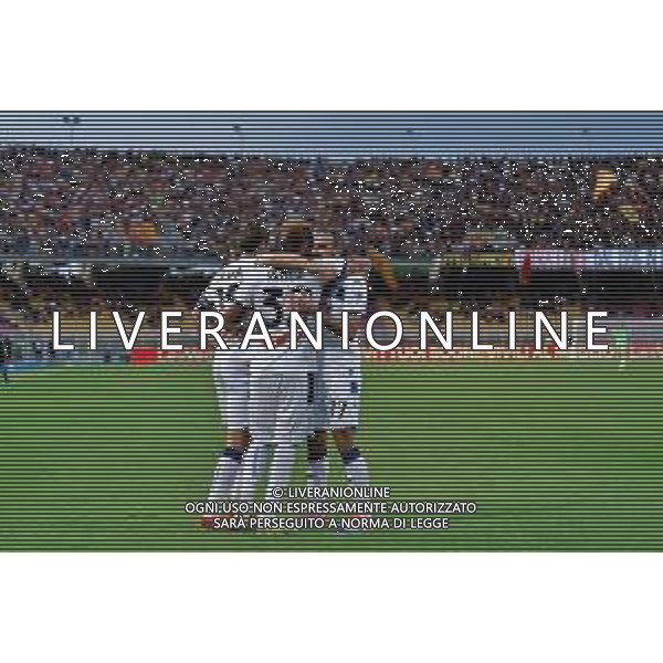 TVEM August 19, 2024 Lecce, Italy - US Lecce vs Atalanta - Italian soccer serie A 2024/25 - Via Del Mare Stadium. In the pic by Emmanuele Mastrodonato/agenzia Aldo Liverani sas: Mateo Retegui of Atalanta celebrates after scoring a goal with teammates