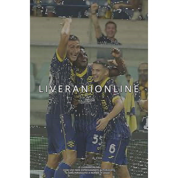 Daniel Mosquera of Hellas Verona FC celebrates after scoring second goal during Hellas Verona FC vs SSC Napoli, 1° Serie A EniLive 2024-25 game at Marcantonio Bentegodi Stadium in Verona (VR), Italy, on August 18, 2024. (Photo by Davide Casentini)/AGENZIA ALDO LIVERANI SAS