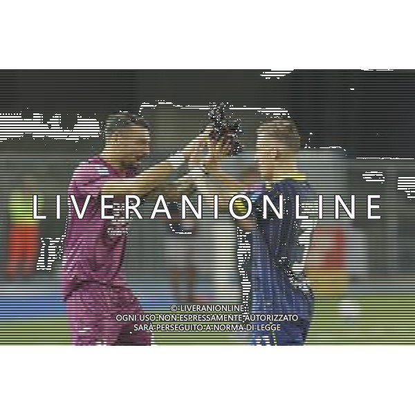 Alessandro Berardi of Hellas Verona FC and Tomas Suslov of Hellas Verona FC celebrate the victory at the end of Hellas Verona FC vs SSC Napoli, 1° Serie A EniLive 2024-25 game at Marcantonio Bentegodi Stadium in Verona (VR), Italy, on August 18, 2024. (Photo by Davide Casentini)/AGENZIA ALDO LIVERANI SAS