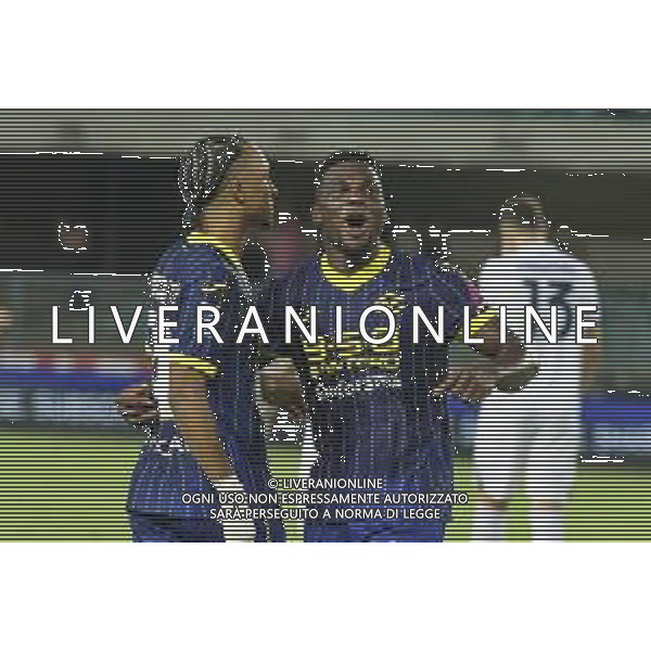 Daniel Mosquera of Hellas Verona FC and Dailon Livramento of Hellas Verona FC FC celebrate the victory at the end of Hellas Verona FC vs SSC Napoli, 1° Serie A EniLive 2024-25 game at Marcantonio Bentegodi Stadium in Verona (VR), Italy, on August 18, 2024. (Photo by Davide Casentini)/AGENZIA ALDO LIVERANI SAS