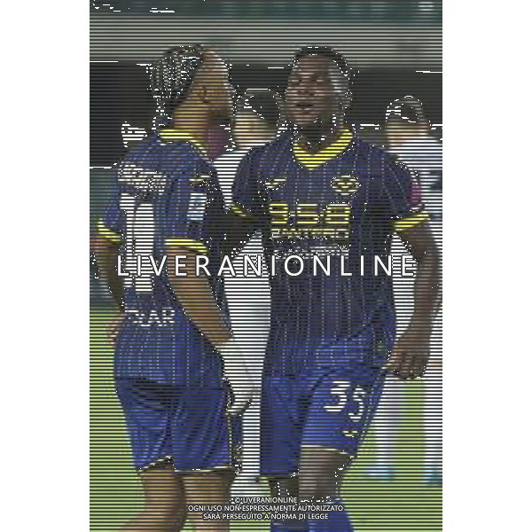 Daniel Mosquera of Hellas Verona FC and Dailon Livramento of Hellas Verona FC FC celebrate the victory at the end of Hellas Verona FC vs SSC Napoli, 1° Serie A EniLive 2024-25 game at Marcantonio Bentegodi Stadium in Verona (VR), Italy, on August 18, 2024. (Photo by Davide Casentini)/AGENZIA ALDO LIVERANI SAS