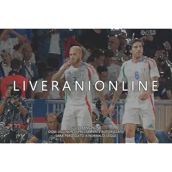 TVEM September 6, 2024 in Paris, France. France vs Italy, UEFA Nations League 2024/25 League A Group A2 match - Parc des Princes Stadium. In the pic: Federico Dimarco of Italy celebrates after scoring a goal ©Emanuele Mastrodonato/AGENZIA ALDO LIVERANI SAS