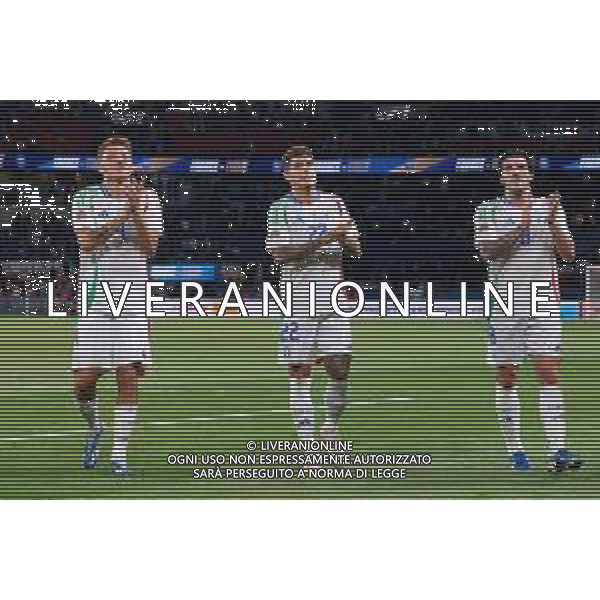 TVEM September 6, 2024 in Paris, France. France vs Italy, UEFA Nations League 2024/25 League A Group A2 match - Parc des Princes Stadium. In the pic: Mateo Retegui of Italy, Giovanni Di Lorenzo of Italy and Sandro Tonali of Italy celebrates the victory/AGENZIA ALDO LIVERANI SAS
