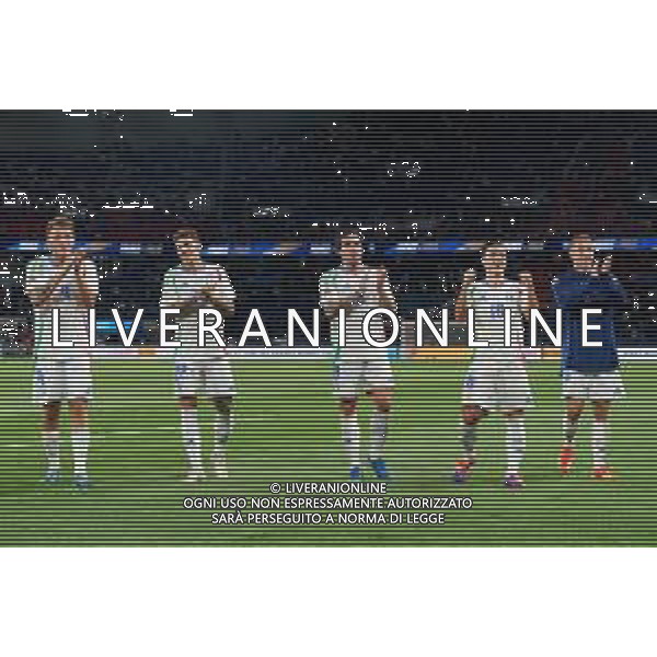 TVEM September 6, 2024 in Paris, France. France vs Italy, UEFA Nations League 2024/25 League A Group A2 match - Parc des Princes Stadium. In the pic: Mateo Retegui of Italy, Giovanni Di Lorenzo of Italy, Sandro Tonali of Italy, Giacomo Raspadori of Italy and Davide Frattesi of Italy celebrates the victory/AGENZIA ALDO LIVERANI SAS