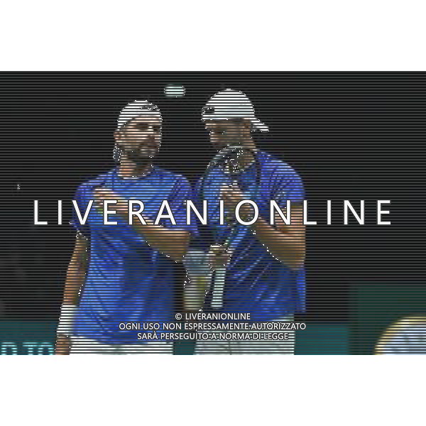 BOLOGNA, ITALIA - 11 SETTEMBRE: Andrea Vavassori e Simone Bolelli dell\'Italia in azione durante la fase a gironi della finale della Coppa Davis 2024 contro il Brasile all\'Unipol Arena l\'11 settembre 2024 a Bologna, Italia foto andrea rosito-ag aldo liverani sas