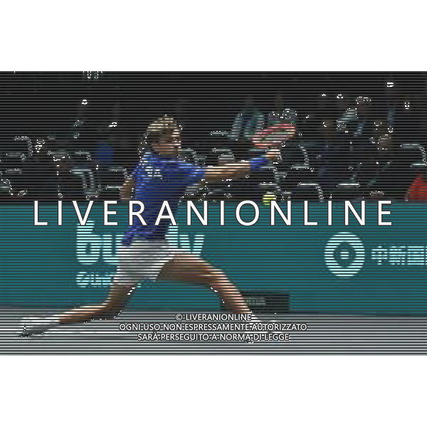 BOLOGNA, ITALY - SEPTEMBER 13: Flavio Cobolli dell\'Italia in azione durante la partita di Bologna della fase a gironi delle finali della Coppa Davis 2024 tra Italia e Belgio all\'Unipol Arena il 13 settembre 2024 a Bologna, Italia. foto andrea rosito-ag aldo liverani sas