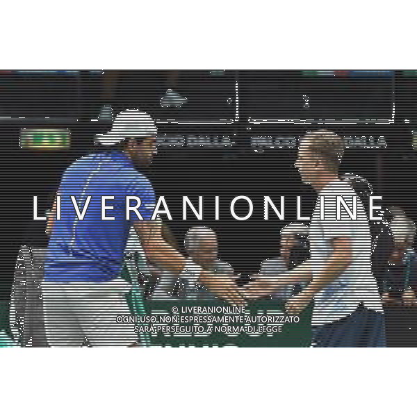 BOLOGNA, ITALY - SEPTEMBER 13: Matteo Berrettini e Filippo Volandri dell\'Italia in azione durante la partita di Bologna della fase a gironi delle finali della Coppa Davis 2024 tra Italia e Belgio all\'Unipol Arena il 13 settembre 2024 a Bologna, Italia. foto andrea rosito-ag aldo liverani sas