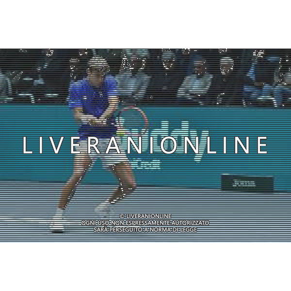 BOLOGNA, ITALY - SEPTEMBER 13: Flavio Cobolli of Italy in action during the 2024 Davis Cup Finals Group Stage Bologna match between the Italy and Belgium at Unipol Arena on September 13, 2024 in Bologna, Italy. foto andrea rosito-ag aldo liverani sas