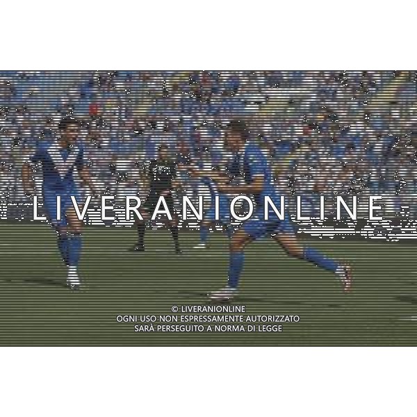 Giacomo Olzer of Brescia Calcio FC celebrates after scoring during Brescia Calcio vs Frosinone Calcio, 5° Serie B BKT 2024-25 game at Mario Rigamonti stadium in Brescia (BS), Italy, on September 14, 2024. (Photo by Davide Casentini) AG ALDO LIVERANI SAS