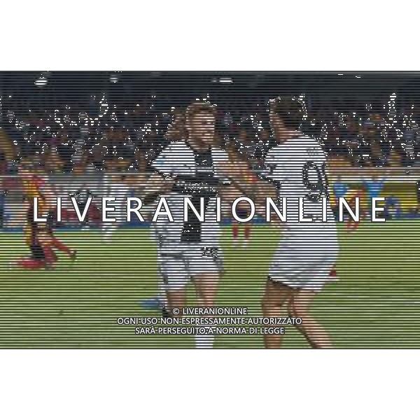 TVEM September 21, 2024 Lecce, Italy - US Lecce vs Parma Calcio 1913 - Italian soccer serie A 2024/25 - Via Del Mare Stadium. In the pic: Antoine Hainaut of Parma celebrates after scoring a goal with Dennis Man of Parma ©Emmanuele Mastrodonato/AGENZIA ALDO LIVERANI SAS