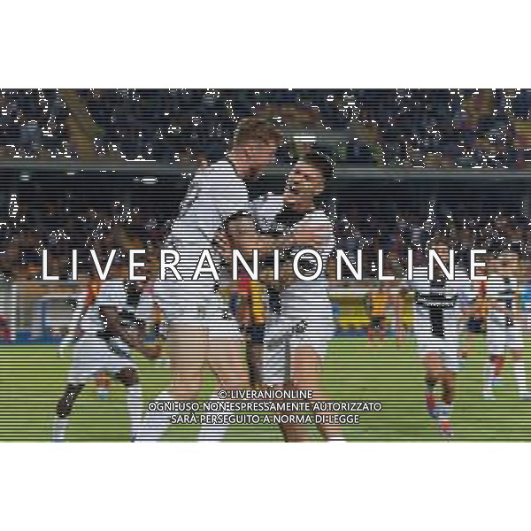 TVEM September 21, 2024 Lecce, Italy - US Lecce vs Parma Calcio 1913 - Italian soccer serie A 2024/25 - Via Del Mare Stadium. In the pic: Antoine Hainaut of Parma celebrates after scoring a goal with Dennis Man of Parma ©Emmanuele Mastrodonato/AGENZIA ALDO LIVERANI SAS
