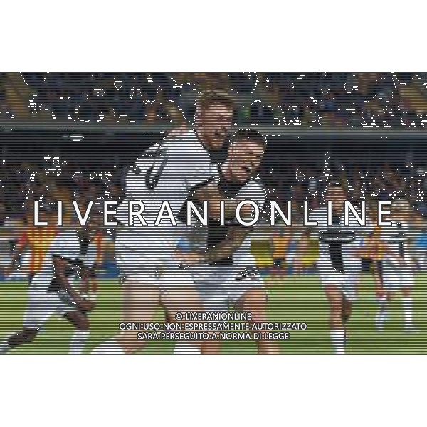 TVEM September 21, 2024 Lecce, Italy - US Lecce vs Parma Calcio 1913 - Italian soccer serie A 2024/25 - Via Del Mare Stadium. In the pic: Antoine Hainaut of Parma celebrates after scoring a goal with Dennis Man of Parma ©Emmanuele Mastrodonato/AGENZIA ALDO LIVERANI SAS
