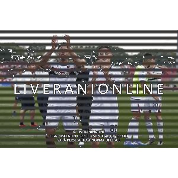 Bologna players celebrate the victory at the end of AC Monza vs Bologna BFC, 5° Serie A Enilive 2024-25 game at U-Power stadium in Monza (MB), Italy, on September 22, 2024. (Photo by Davide Casentini)/AGENZIA ALDO LIVERANI SAS