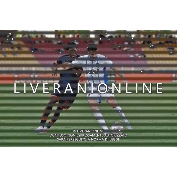 TVEM September 24, 2024 Lecce, Italy - US Lecce vs US Sassuolo - Coppa Italia round of 16 match 2024/25 - Via Del Mare Stadium. In the pic: Fabrizio Caligara of US Sassuolo in action against Patrick Dorgu of US Lecce foto emmanuele mastrodonato-ag aldo liverni sas
