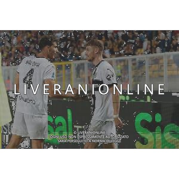 TVEM September 21, 2024 Lecce, Italy - US Lecce vs Parma Calcio 1913 - Italian soccer serie A 2024/25 - Via Del Mare Stadium. In the pic: Antoine Hainaut of Parma celebrates after scoring a goal with Botond Balogh of Parma foto emmanuele matrodonato-ag aldo liverani sas