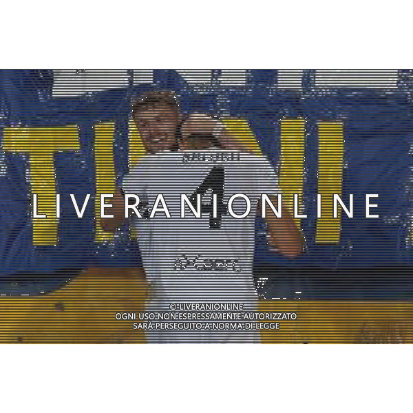 TVEM September 21, 2024 Lecce, Italy - US Lecce vs Parma Calcio 1913 - Italian soccer serie A 2024/25 - Via Del Mare Stadium. In the pic: Antoine Hainaut of Parma celebrates after scoring a goal with Botond Balogh of Parma foto emmanuele matrodonato-ag aldo liverani sas