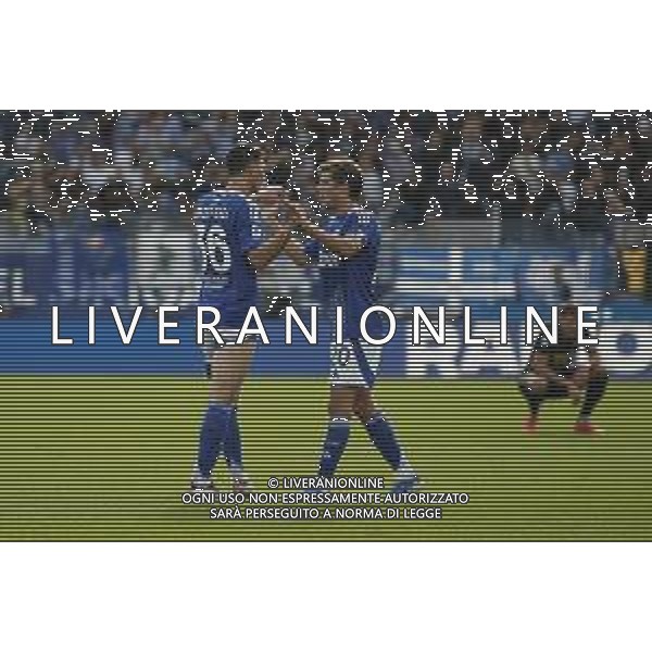 Luca Mazzitelli of Como 1907 and Sergi Roberto of Como 1907 celebrate the victory at the end of Como 1907 FC vs Hellas Verona FC, 6° Serie A Enilive 2024-25 game at G. Sinigaglia stadium in Como (CO), Italy, on September 29, 2024. (Photo by Davide Casentini)/AGENZIA ALDO LIVERANI SAS