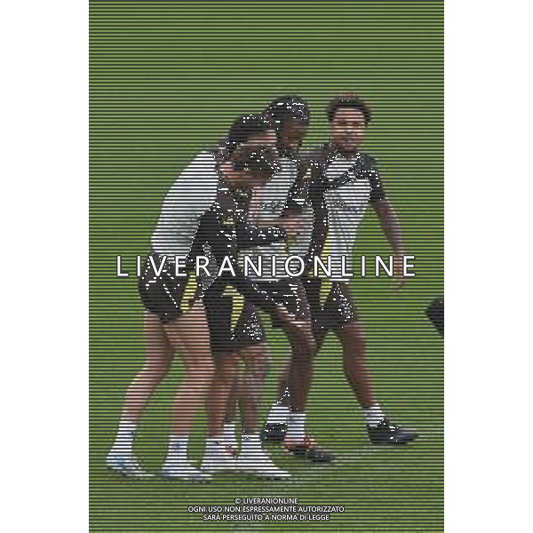 TVMV-Torino 01.10.2024 Continassa © Manuela Viganti/Agenzia Aldo Liverani Allenamento Juventus Rifinitura partita Champions League Lipsia Juventus Nella foto: dusan vlahovic, douglas luiz, khephren thuram e weston mckennie