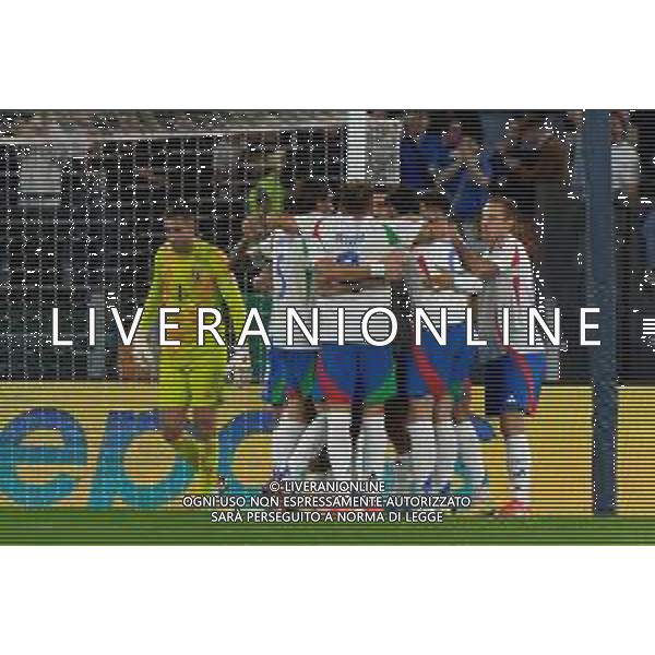 TVEM October 10, 2024 in Roma, Italy. Italy vs Belgium, UEFA Nations League 2024/25 League A Group A2 match - Olympic Stadium. In the pic: Andrea Cambiaso of Italy celebrates after scoring a goal with teammates ©Emmanuele Mastrodonato/AGENZIA ALDO LIVERANI SAS