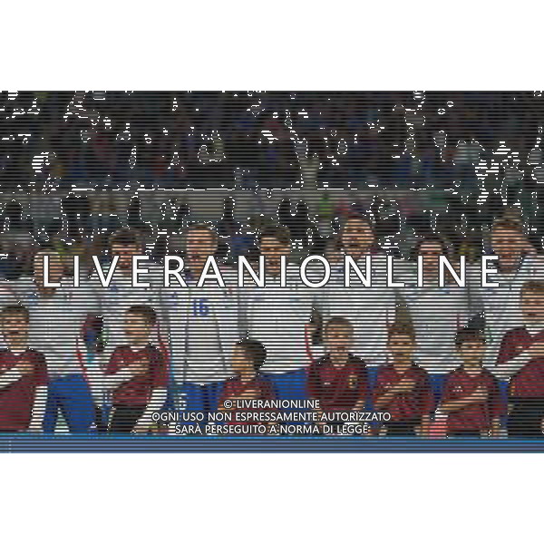 TVEM October 10, 2024 in Roma, Italy. Italy vs Belgium, UEFA Nations League 2024/25 League A Group A2 match - Olympic Stadium. In the pic: Federico Dimarco of Italy, Andrea Cambiaso of Italy, Davide Frattesi of Italy, Samuele Ricci of Italy, Lorenzo Pellegrini of Italy, Sandro Tonali of Italy Mateo Retegui of Italy line up during the National Anthems foto emmanuele mastrodonato-ag aldo liverani sas