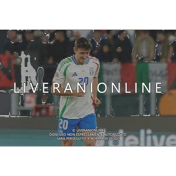 TVEM October 10, 2024 in Roma, Italy. Italy vs Belgium, UEFA Nations League 2024/25 League A Group A2 match - Olympic Stadium. In the pic: Andrea Cambiaso of Italy smiles after scoring foto emmanuele mastrodonato-ag aldo liverani sas