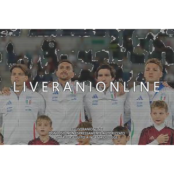 TVEM October 10, 2024 in Roma, Italy. Italy vs Belgium, UEFA Nations League 2024/25 League A Group A2 match - Olympic Stadium. In the pic: Samuele Ricci of Italy, Lorenzo Pellegrini of Italy, Sandro Tonali of Italy, Mateo Retegui of Italy line up during the National Anthems foto emmanuele mastrodonato-ag aldo liverani sas