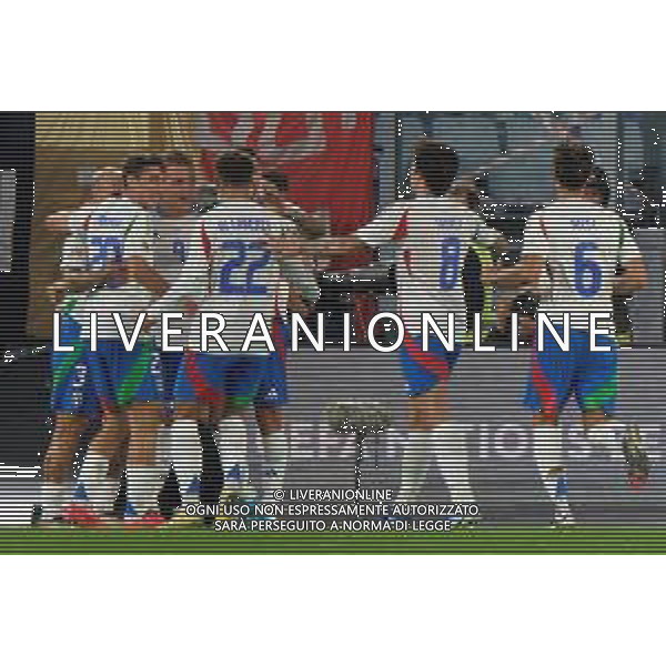 TVEM October 10, 2024 in Roma, Italy. Italy vs Belgium, UEFA Nations League 2024/25 League A Group A2 match - Olympic Stadium. In the pic: Mateo Retegui of Italy celebrates after scoring a goal with teammates foto emmanuele mastrodonato-ag aldo liverani sas