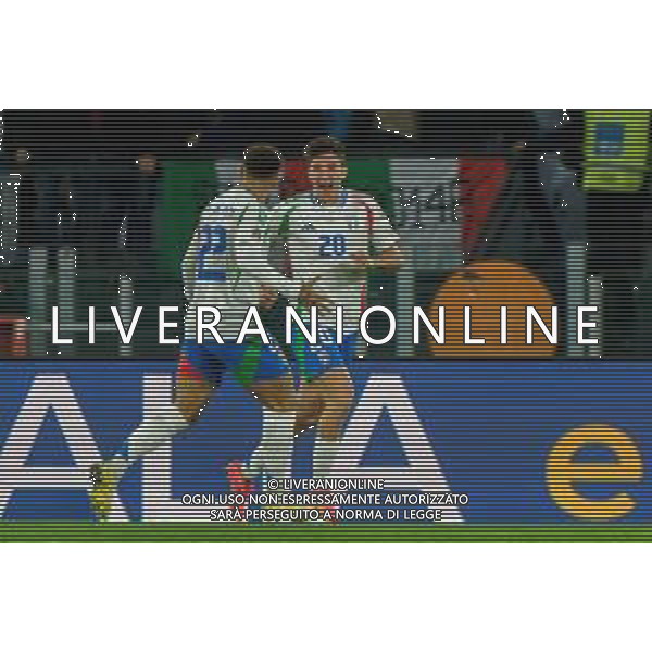 TVEM October 10, 2024 in Roma, Italy. Italy vs Belgium, UEFA Nations League 2024/25 League A Group A2 match - Olympic Stadium. In the pic: Andrea Cambiaso of Italy celebrates after scoring a goal with Giovanni Di Lorenzo of Italy foto emmanuele mastrodonato-ag aldo liverani sas