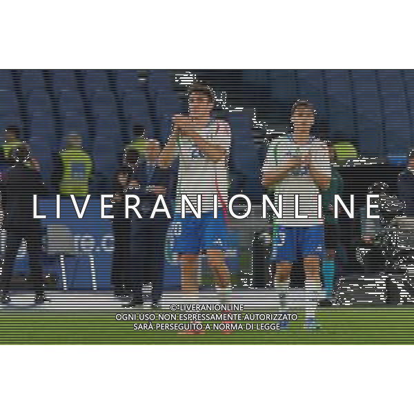 TVEM October 10, 2024 in Roma, Italy. Italy vs Belgium, UEFA Nations League 2024/25 League A Group A2 match - Olympic Stadium. In the pic: Andrea Cambiaso of Italy and Niccolò Pisilli of Italy greet the fans foto emmanuele mastrodonato-ag aldo liverani sas
