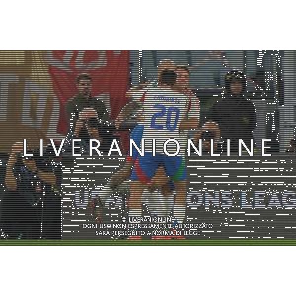TVEM October 10, 2024 in Roma, Italy. Italy vs Belgium, UEFA Nations League 2024/25 League A Group A2 match - Olympic Stadium. In the pic: Mateo Retegui of Italy celebrates after scoring a goal with teammates foto emmanuele mastrodonato-ag aldo liverani sas