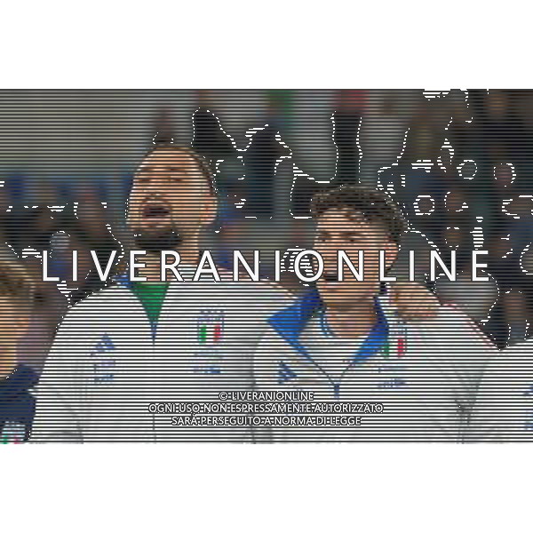 TVEM October 10, 2024 in Roma, Italy. Italy vs Belgium, UEFA Nations League 2024/25 League A Group A2 match - Olympic Stadium. In the pic: Gianluigi Donnarumma of Italy and Alessandro Bastoni of Italy line up during the National Anthems foto emmanuele mastrodonato-ag aldo liverani sas