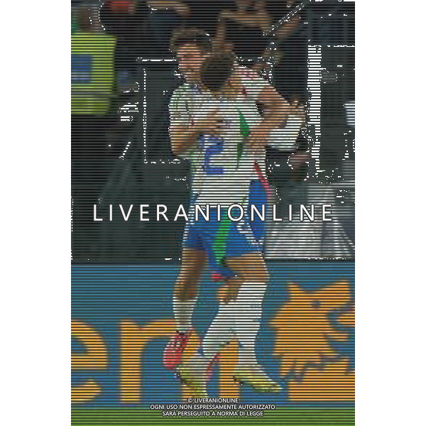 TVEM October 10, 2024 in Roma, Italy. Italy vs Belgium, UEFA Nations League 2024/25 League A Group A2 match - Olympic Stadium. In the pic: Andrea Cambiaso of Italy celebrates after scoring a goal with Giovanni Di Lorenzo of Italy foto emmanuele mastrodonato-ag aldo liverani sas