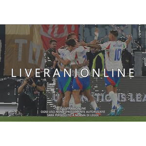 TVEM October 10, 2024 in Roma, Italy. Italy vs Belgium, UEFA Nations League 2024/25 League A Group A2 match - Olympic Stadium. In the pic: Mateo Retegui of Italy celebrates after scoring a goal with teammates foto emmanuele mastrodonato-ag aldo liverani sas