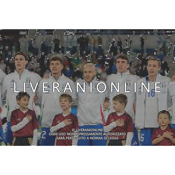 TVEM October 10, 2024 in Roma, Italy. Italy vs Belgium, UEFA Nations League 2024/25 League A Group A2 match - Olympic Stadium. In the pic: Riccardo Calafiori of Italy, Giovanni Di Lorenzo of Italy, Federico Dimarco of Italy, Andrea Cambiaso of Italy, Davide Frattesi of Italy line up during the National Anthems foto emmanuele mastrodonato-ag aldo liverani sas
